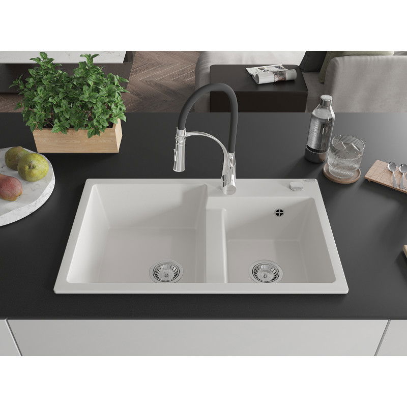 Mexen Tomas granite sink, 2-bowl with Aster kitchen tap, white - 6516-20-73450-07
