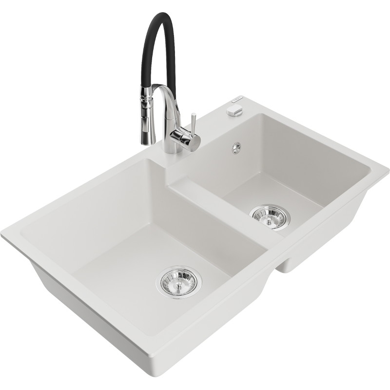 Mexen Tomas 2-Bowl Granite Sink with Kitchen Faucet Aster, White - 6516-20-73450-07