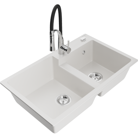 Mexen Tomas granite sink, 2-bowl with Aster kitchen tap, white - 6516-20-73450-07