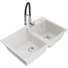 Mexen Tomas granite sink, 2-bowl with Aster kitchen tap, white - 6516-20-73450-07