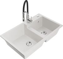 Mexen Tomas 2-compartment granite sink with a kitchen mixer tap Aster, White - 6516-20-73450-07