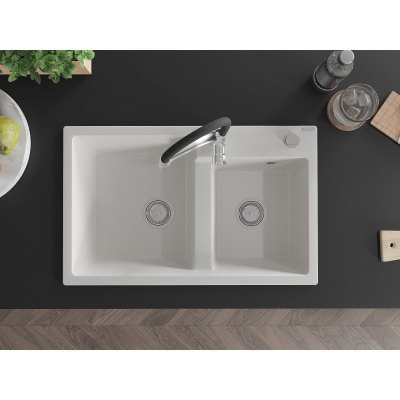 Mexen Tomas 2-Bowl Granite Sink with Kitchen Faucet Aster, White - 6516-20-73450-07