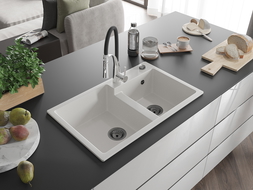 Mexen Tomas Granite 2-Bowl Sink with Aster Kitchen Tap, White - 6516-20-73450-07-B