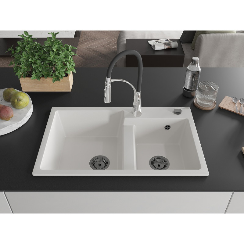Mexen Tomas 2-bowl granite kitchen sink with Aster faucet, white - 6516-20-73450-07-B
