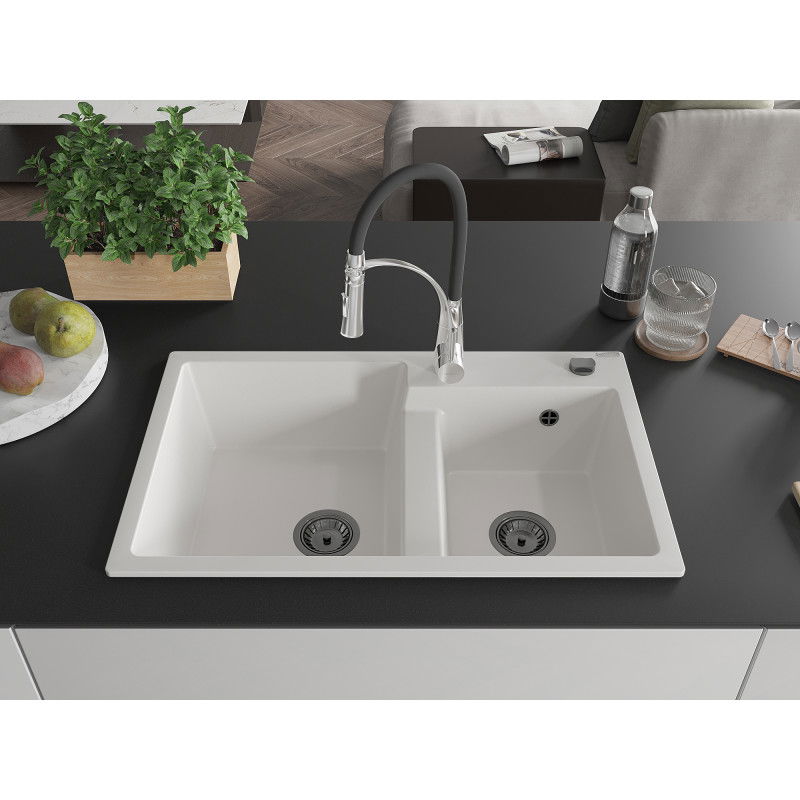 Mexen Tomas Granite 2-Bowl Sink with Aster Kitchen Tap, White - 6516-20-73450-07-B