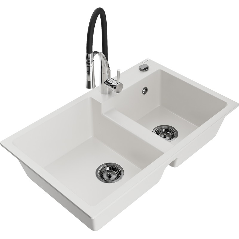 Mexen Tomas 2-bowl granite kitchen sink with Aster faucet, white - 6516-20-73450-07-B