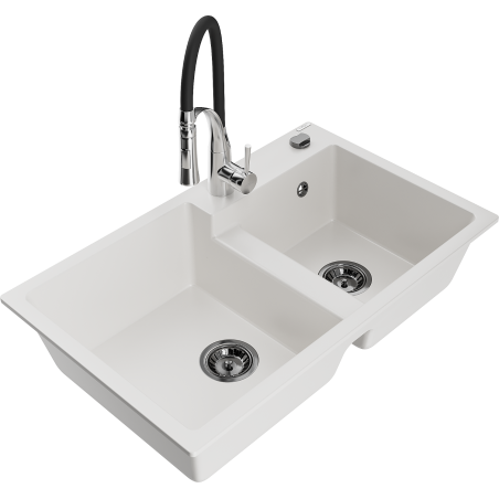 Mexen Tomas 2-bowl granite sink with Aster kitchen faucet, white - 6516-20-73450-07-B