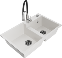 Mexen Tomas 2-bowl granite kitchen sink with Aster faucet, white - 6516-20-73450-07-B