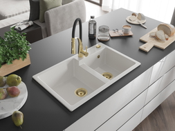 Mexen Tomas 2-bowl granite sink with Aster kitchen faucet, white - 6516-20-73450-57-G