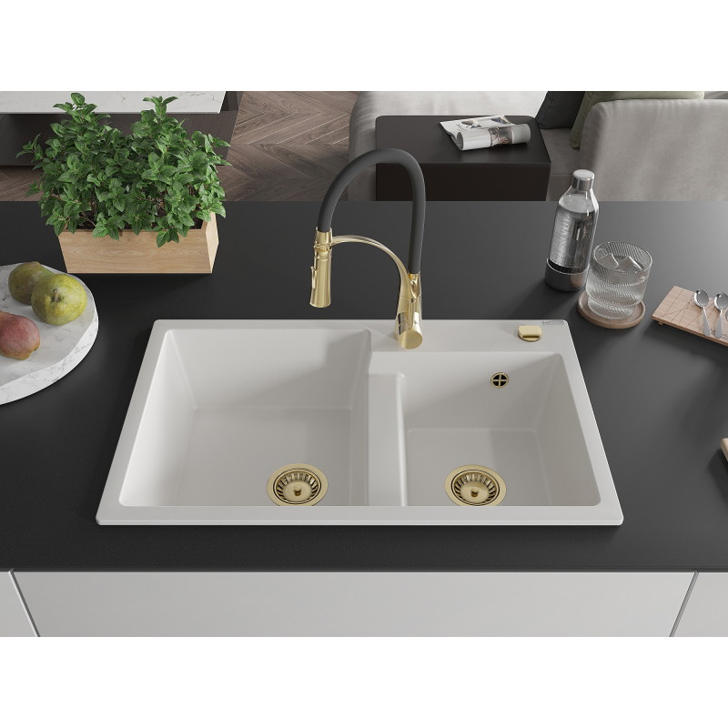 Mexen Tomas granite kitchen sink 2-bowl with Aster kitchen faucet, white - 6516-20-73450-57-G