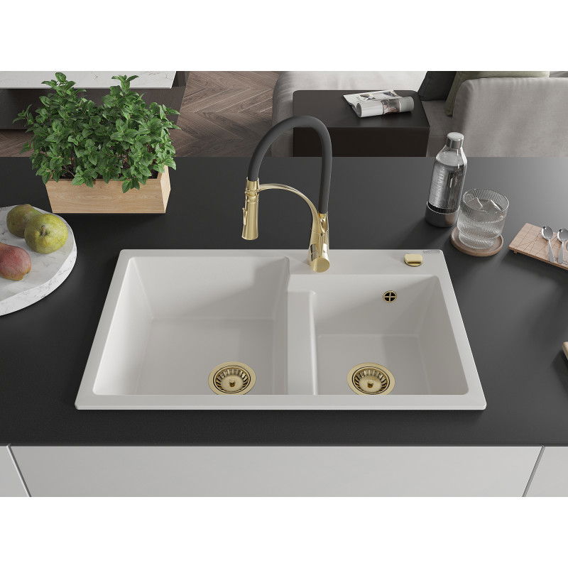 Mexen Tomas granite sink 2-chamber with Aster kitchen tap, white - 6516-20-73450-57-G