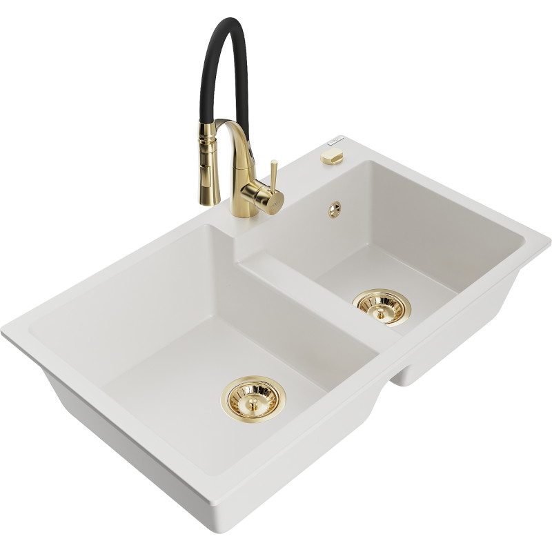 Mexen Tomas 2-bowl granite sink with Aster kitchen faucet, white - 6516-20-73450-57-G