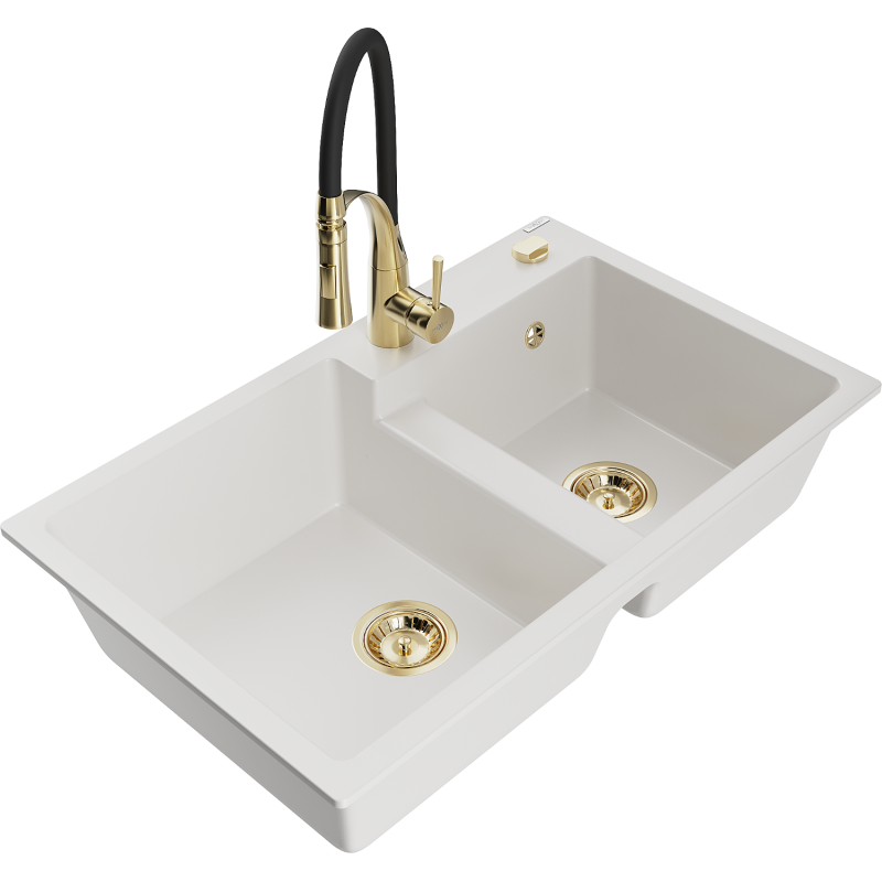 Mexen Tomas granite sink 2-chamber with Aster kitchen tap, white - 6516-20-73450-57-G