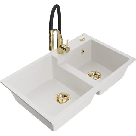 Mexen Tomas granite kitchen sink 2-bowl with Aster kitchen faucet, white - 6516-20-73450-57-G