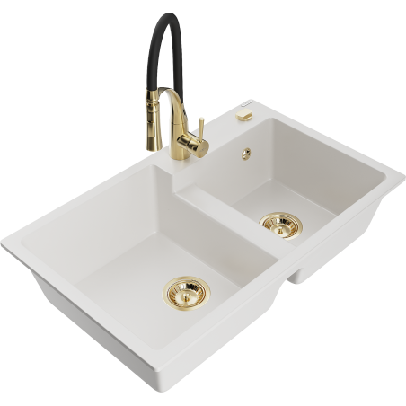 Mexen Tomas granite sink 2-chamber with Aster kitchen tap, white - 6516-20-73450-57-G