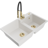 Mexen Tomas granite kitchen sink 2-bowl with Aster kitchen faucet, white - 6516-20-73450-57-G