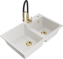Mexen Tomas 2-bowl granite sink with Aster kitchen faucet, white - 6516-20-73450-57-G