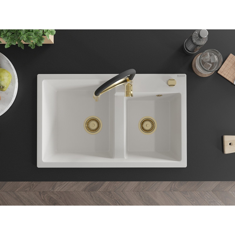 Mexen Tomas 2-bowl granite sink with Aster kitchen faucet, white - 6516-20-73450-57-G