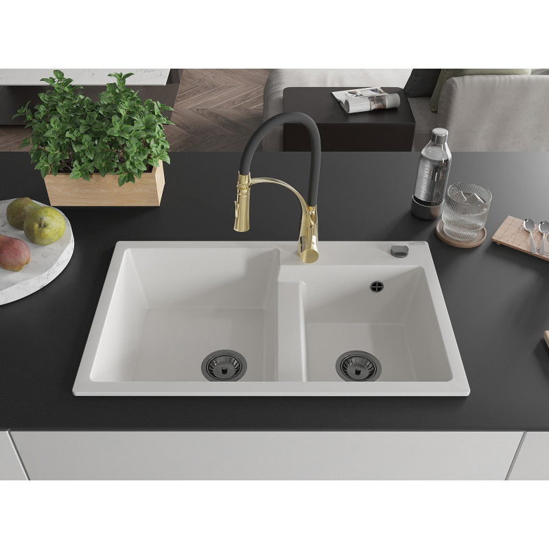 Mexen Tomas granite double-bowl sink with Aster kitchen faucet, white - 6516-20-73450-57-B