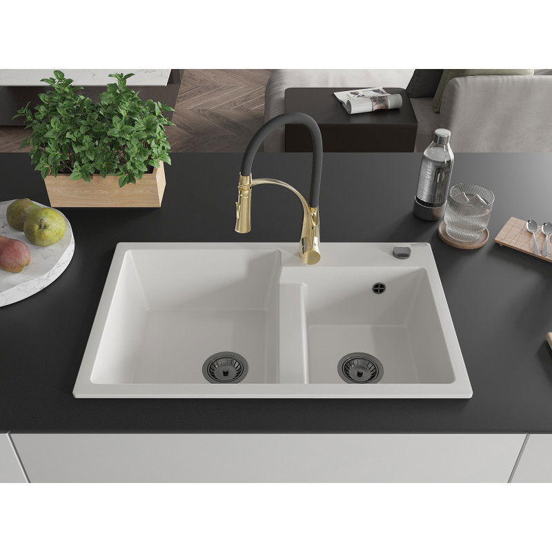Mexen Tomas granite kitchen sink with 2 bowls and Aster kitchen tap, white - 6516-20-73450-57-B