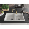 Mexen Tomas granite double-bowl sink with Aster kitchen faucet, white - 6516-20-73450-57-B