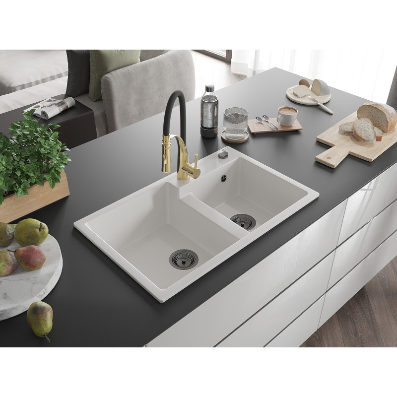 Mexen Tomas granite double-bowl sink with Aster kitchen faucet, white - 6516-20-73450-57-B