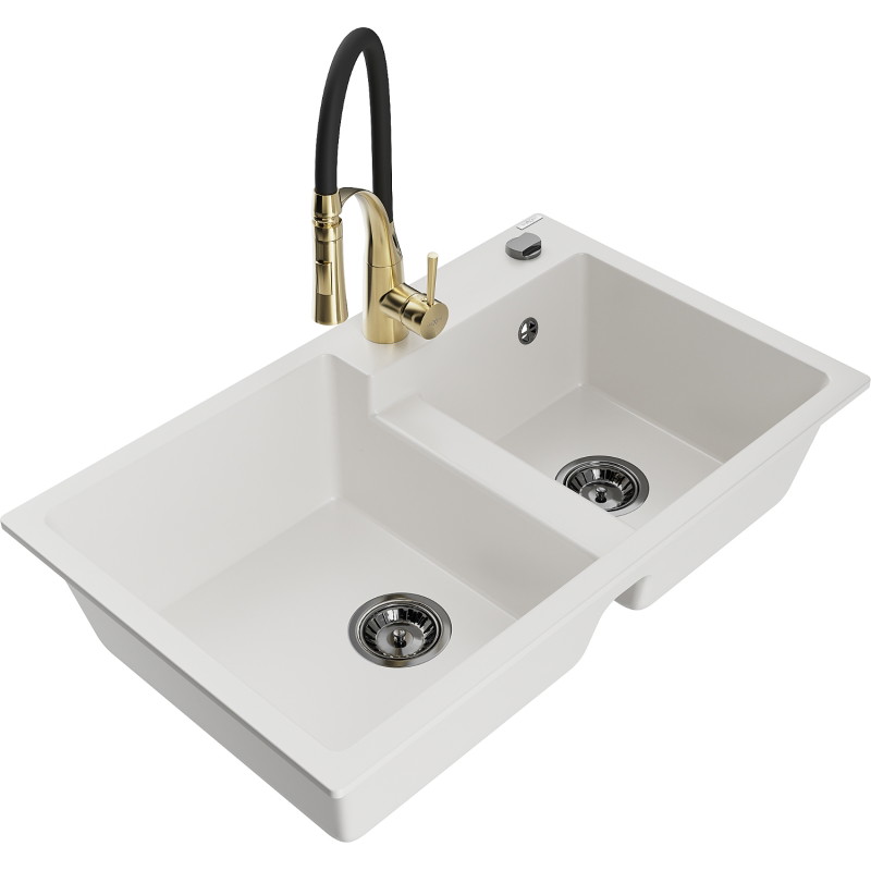 Mexen Tomas granite kitchen sink 2-compartment with Aster kitchen faucet, white - 6516-20-73450-57-B