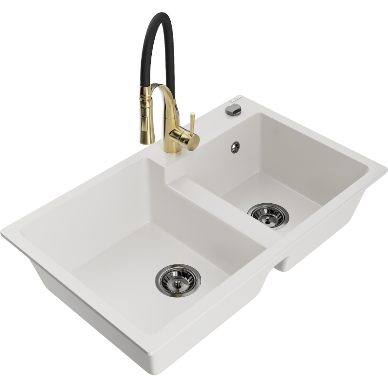 Mexen Tomas granite kitchen sink with 2 bowls and Aster kitchen tap, white - 6516-20-73450-57-B