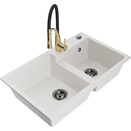 Mexen Tomas granite kitchen sink 2-compartment with Aster kitchen faucet, white - 6516-20-73450-57-B