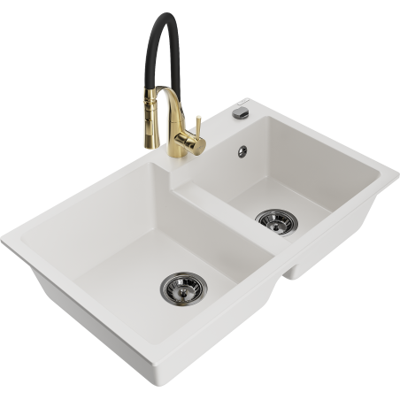 Mexen Tomas granite kitchen sink with 2 bowls and Aster kitchen tap, white - 6516-20-73450-57-B