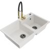 Mexen Tomas granite double-bowl sink with Aster kitchen faucet, white - 6516-20-73450-57-B