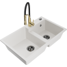 Mexen Tomas granite kitchen sink with 2 bowls and Aster kitchen tap, white - 6516-20-73450-57-B