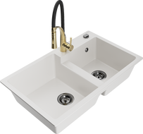 Mexen Tomas granite kitchen sink 2-compartment with Aster kitchen faucet, white - 6516-20-73450-57-B