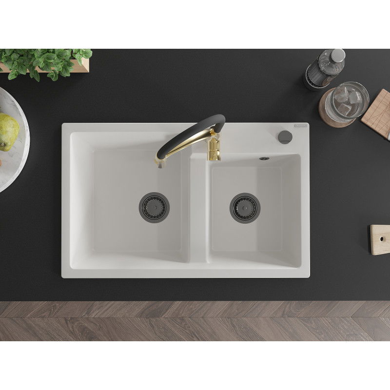 Mexen Tomas granite kitchen sink with 2 bowls and Aster kitchen tap, white - 6516-20-73450-57-B