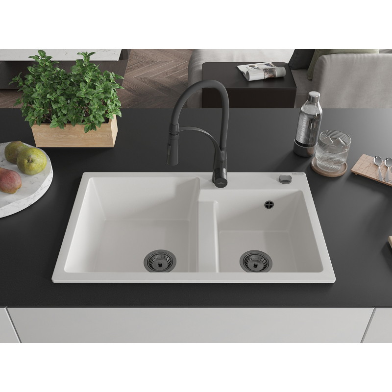 Mexen Tomas 2-bowl granite sink with Aster kitchen faucet, white - 6516-20-73450-70-B