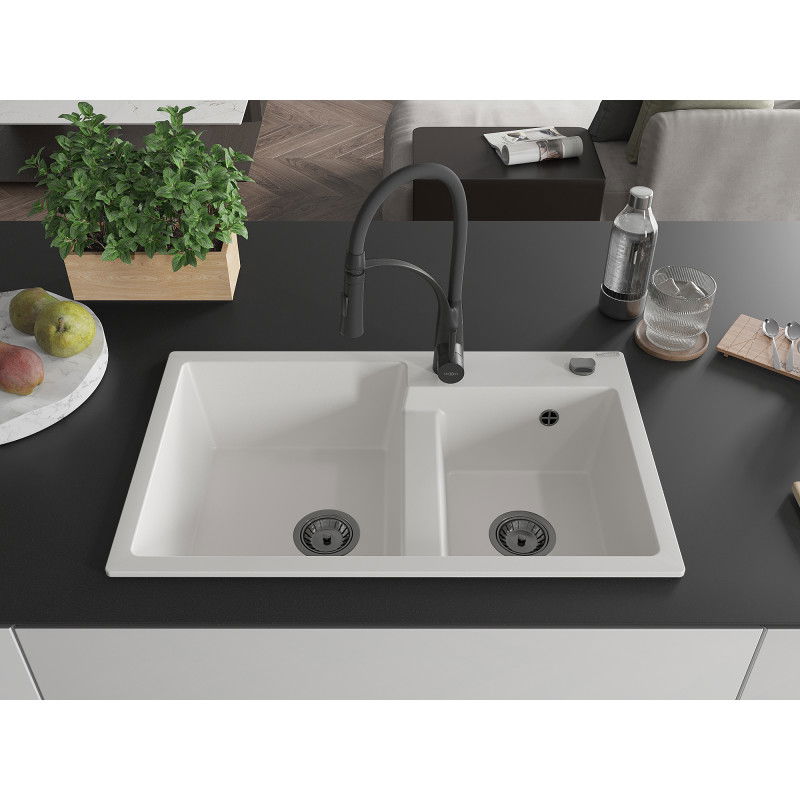 Mexen Tomas granite sink 2-chamber with Aster kitchen tap, white - 6516-20-73450-70-B