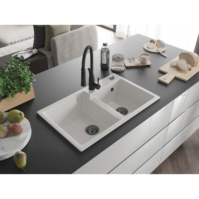 Mexen Tomas granite sink 2-chamber with Aster kitchen tap, white - 6516-20-73450-70-B