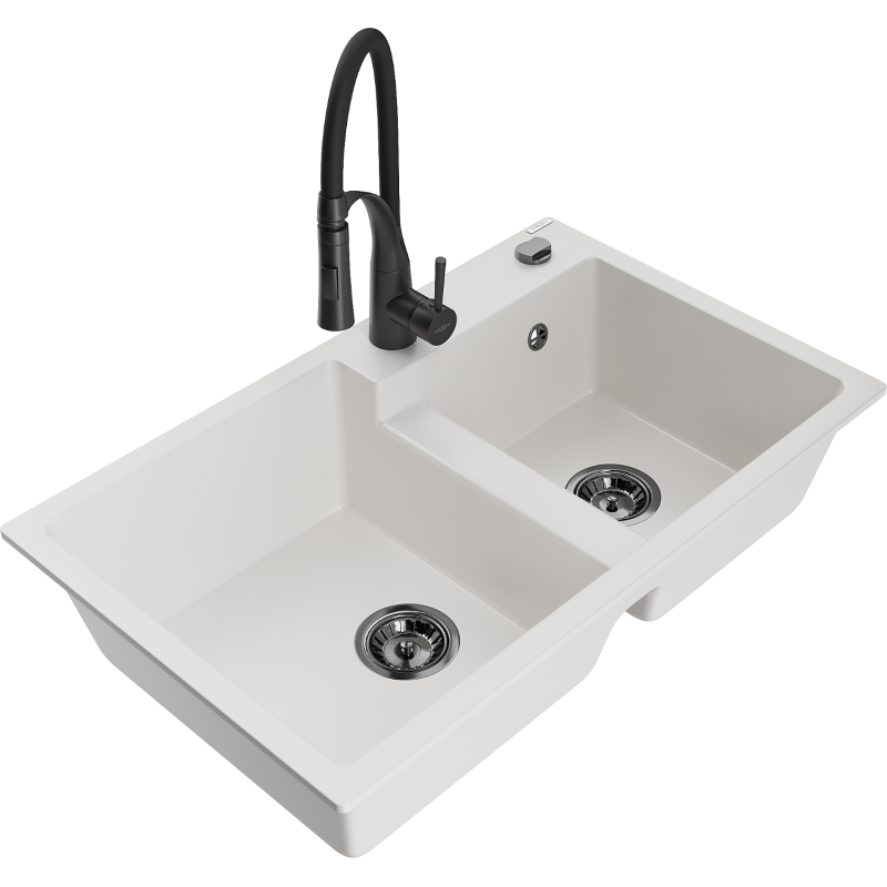 Mexen Tomas 2-compartment granite sink with a kitchen mixer tap Aster, White - 6516-20-73450-70-B