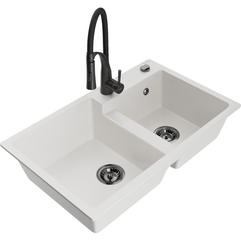 Mexen Tomas 2-compartment granite sink with Aster kitchen faucet, white - 6516-20-73450-70-B