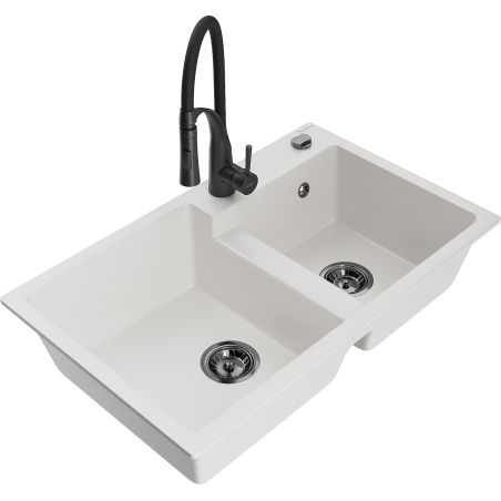 Mexen Tomas granite sink 2-chamber with Aster kitchen tap, white - 6516-20-73450-70-B