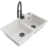 Mexen Tomas 2-bowl granite sink with Aster kitchen faucet, white - 6516-20-73450-70-B