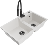 Mexen Tomas 2-bowl granite sink with Aster kitchen faucet, white - 6516-20-73450-70-B
