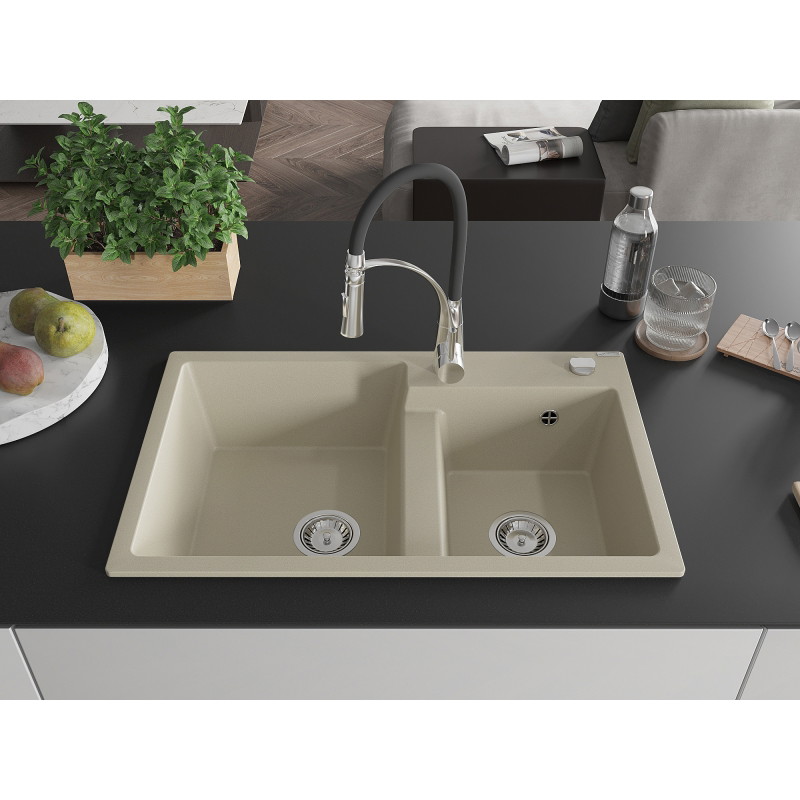 Mexen Tomas granite double-bowl kitchen sink with Aster kitchen faucet, beige - 6516-69-73450-07