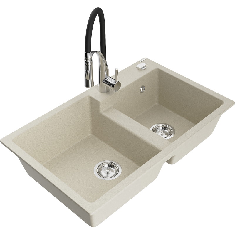Mexen Tomas granite double-bowl kitchen sink with Aster kitchen faucet, beige - 6516-69-73450-07