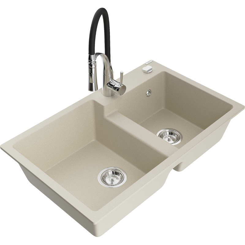 Mexen Tomas granite kitchen sink 2-bowl with Aster kitchen tap, beige - 6516-69-73450-07