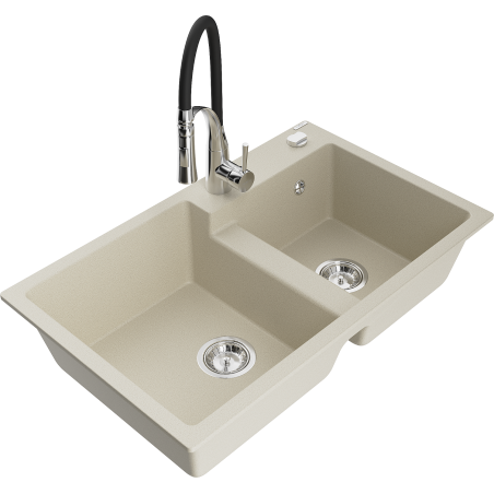 Mexen Tomas 2-bowl granite kitchen sink with Aster faucet, beige - 6516-69-73450-07