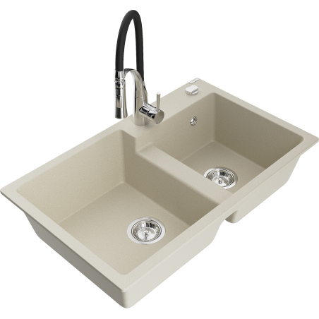 Mexen Tomas granite kitchen sink 2-bowl with Aster kitchen tap, beige - 6516-69-73450-07