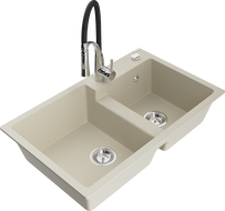 Mexen Tomas 2-bowl granite kitchen sink with Aster faucet, beige - 6516-69-73450-07