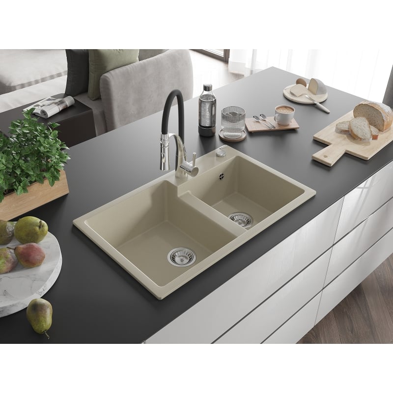 Mexen Tomas 2-bowl granite kitchen sink with Aster faucet, beige - 6516-69-73450-07