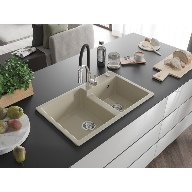 Mexen Tomas granite double-bowl kitchen sink with Aster kitchen faucet, beige - 6516-69-73450-07